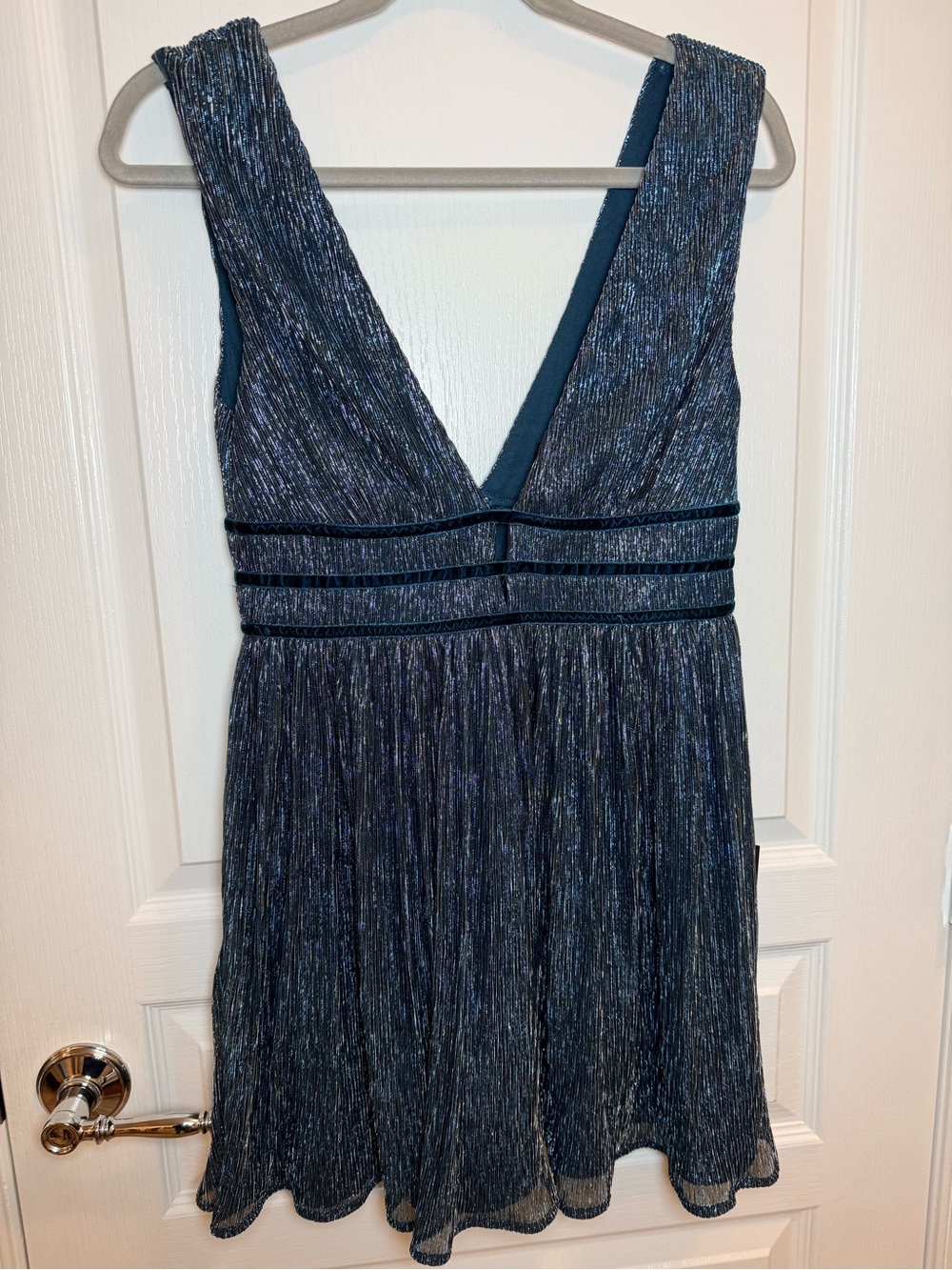 Lulus Deep Teal Metallic Shimmer Velvet Trim Fit & Flare Dress Small NWT